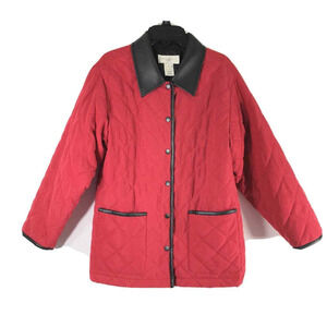 Susan Bristol Quilted  Jacket Womens Small Petite Red Faux Leather Collar & Trim